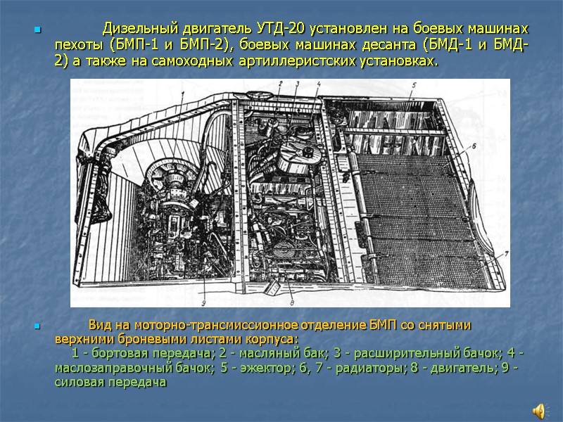 Дизельный двигатель УТД-20 установлен на боевых машинах пехоты (БМП-1 и БМП-2), боевых машинах десанта